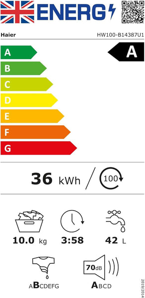 Haier X Series 9 Washing Machine, 10kg, 1400 rpm, A-30 percent Energy Class, Ultra Fresh Air, Refresh Cycle, Direct Motion Motor, 14 Programmes, White-Black Door, 57x60x85 cm -HW100-B14387UUK