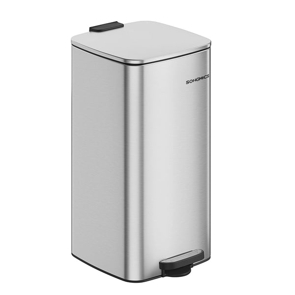SONGMICS Kitchen Bin, 8-Gallon (30 L) Trash Bin, Steel Pedal Bin, with Inner Bucket, Soft Close and Stays Open, Metallic Silver LTB593E01