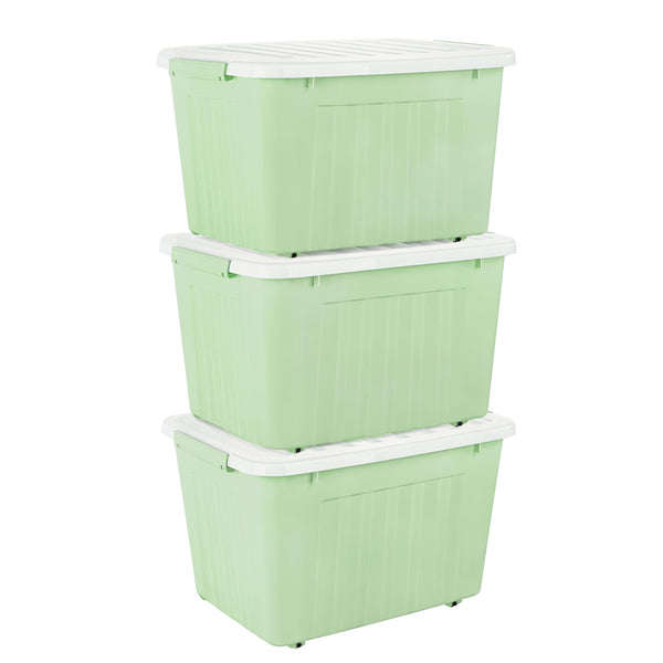 Cetomo 80L*3 Storage Boxes with Wheels, Plastic Storage Box with Lid, Latching Buckles, Click Closure, Stackable, Nesting, Durable Organizer for Home