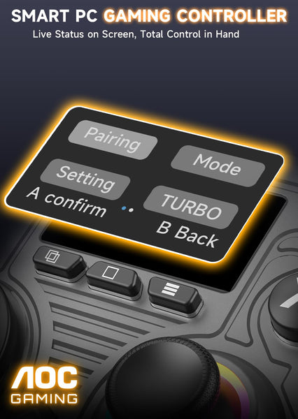 AOC Wireless Gaming Controller for PC/Switch/iOS/Android/PS4, Interactive Screen, Hall Effect Stick & Dual-Mode Trigger, RGB Lighting, Customizable Buttons, Bluetooth/2.4G/Wired (White)