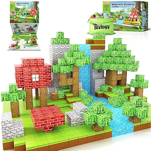 100PCS Magnetic Blocks-Build Mine Magnet World Forest Edition Toys for 3 4 5 6 7 Year Old Boys & Girls, Magnetic Tiles Sensory Kids Toys for 3+ Years Old Girls Boys, Building Construction Kids Game