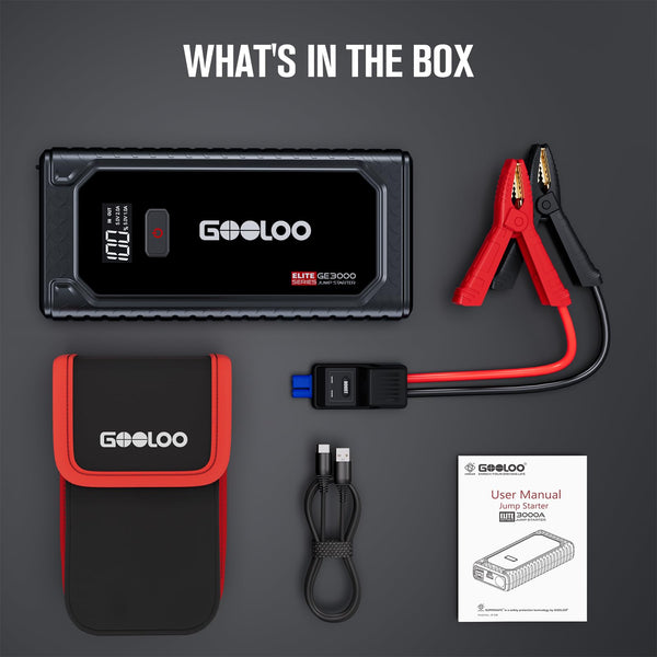 GOOLOO Portable Lithium Jump Starter GE3000 3000A Peak Car Starter for Up to 8.5L Gas or 6L Diesel Engine 12V Car Battery Booster Pack with LCD Screen, Power Bank + LED Flashlight, Type-C Port