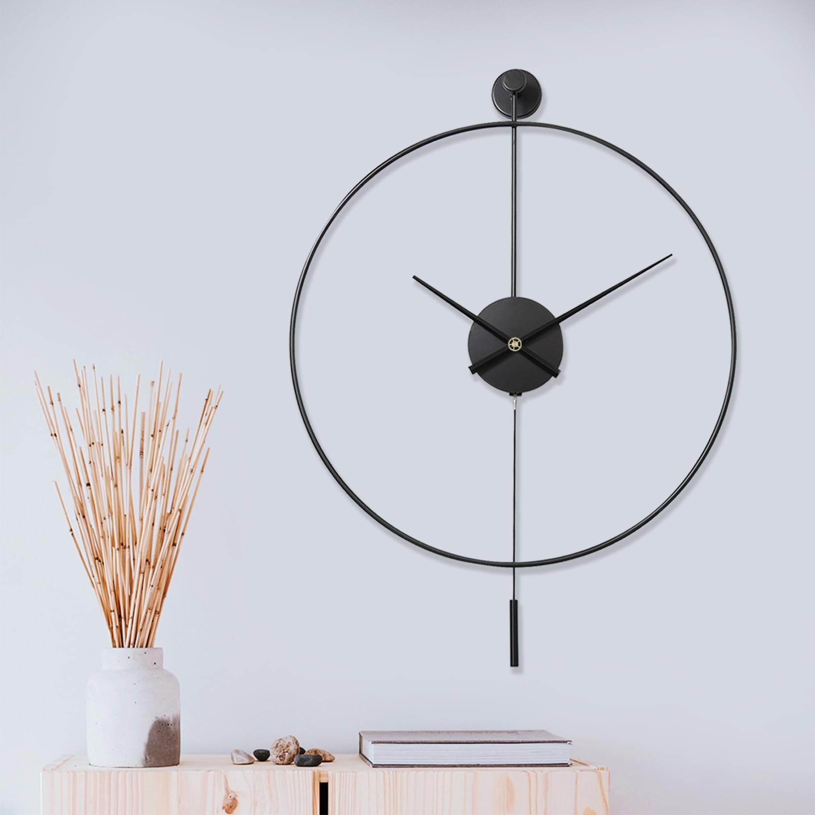 Classical Large Decorative Wall Clock with Pendulum, Modern Non-Ticking Silent Metal Wall Clocks for Living Room, Bedroom, Study, Office,