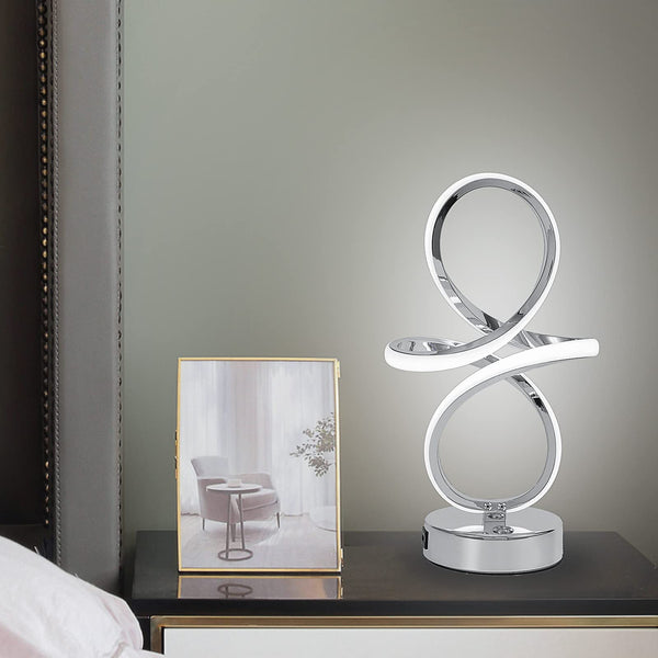 EIDISUNY LED Table Lamp Dimmable Touch Control Table Lamp Silver Curved LED USB Charge Bedside Lamp for Bedroom Office Living Room Creative Modern