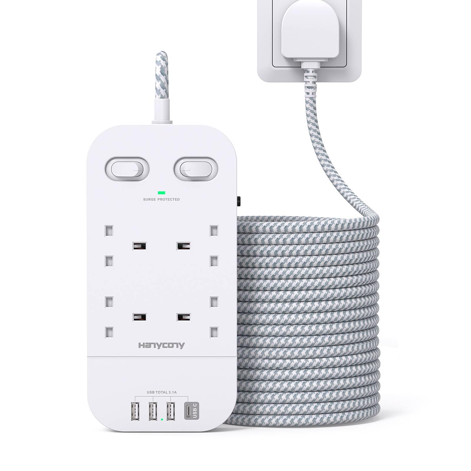 4 Way Surge Protected Extension Lead with USB Slots, HANYCONY Extension Cable with Double Switches, Plug Extension Socket 1.8M Braided Extension Cord for Home Office Accessories, Gray