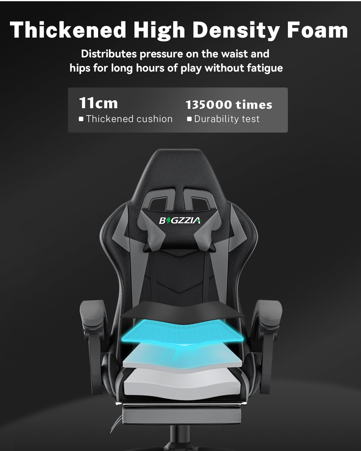 bigzzia RGB Gaming Chair with LED Lights and Ergonomic Computer Chair Reclining PU Leather High Back Video Game Chair with Headrest Adjustable Lumbar Support Linkage Armrest for Adults (Black/Grey)