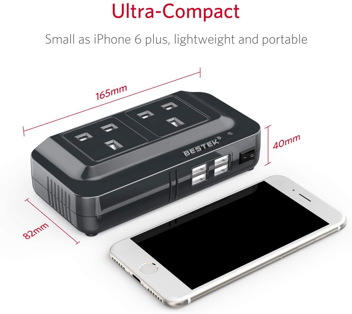 BESTEK 200W Power Inverter DC 12V to AC 230V 240V Dual Socket Car Voltage Converter Transformer with 4 USB Car Charger