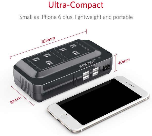 BESTEK 200W Power Inverter DC 12V to AC 230V 240V Dual Socket Car Voltage Converter Transformer with 4 USB Car Charger