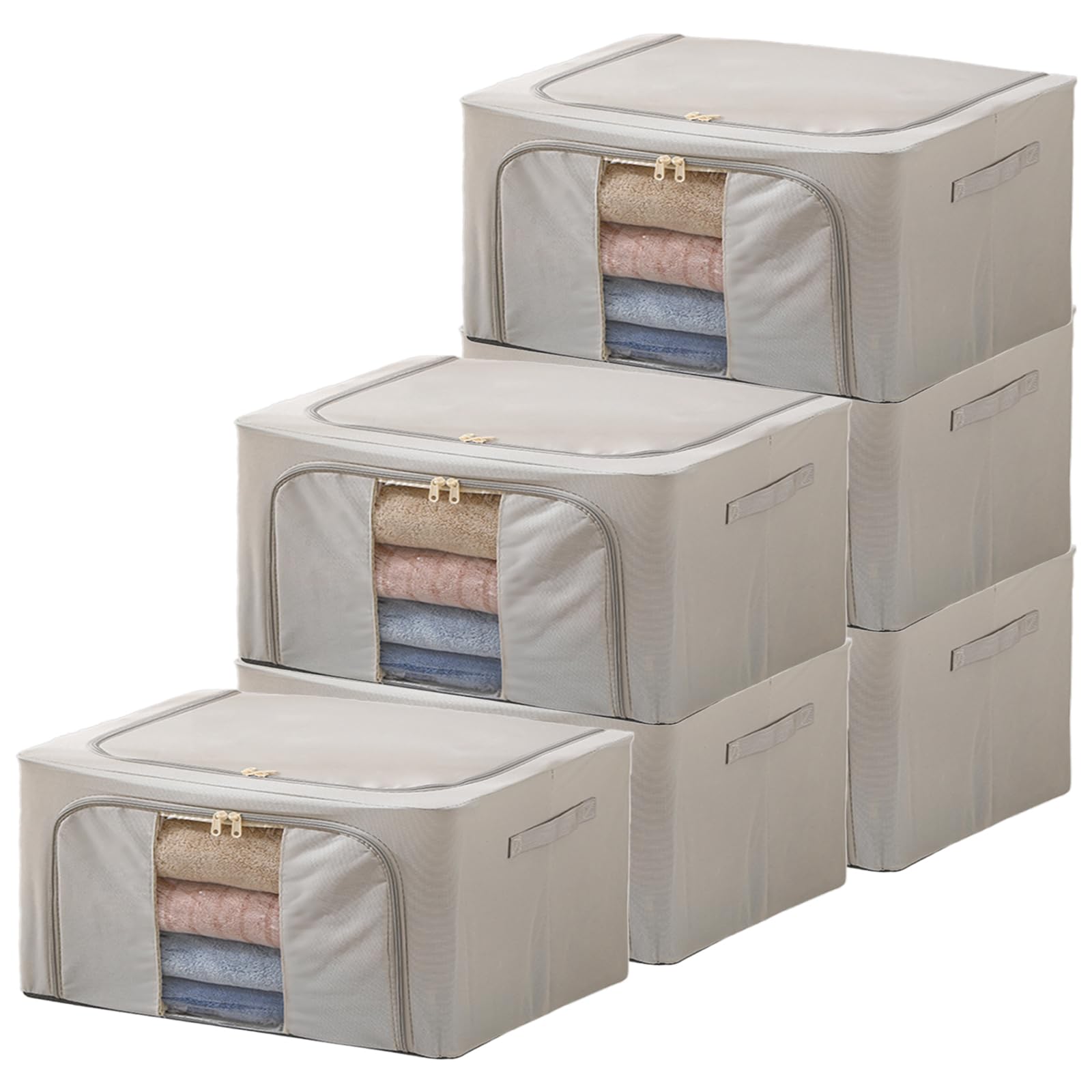 Goesort 6 Pack Clothes Storage Boxes with Steel Frame Support, 22L Moving Bag Wardrobe Storage Organiser Packing Boxes for Moving House with Clear