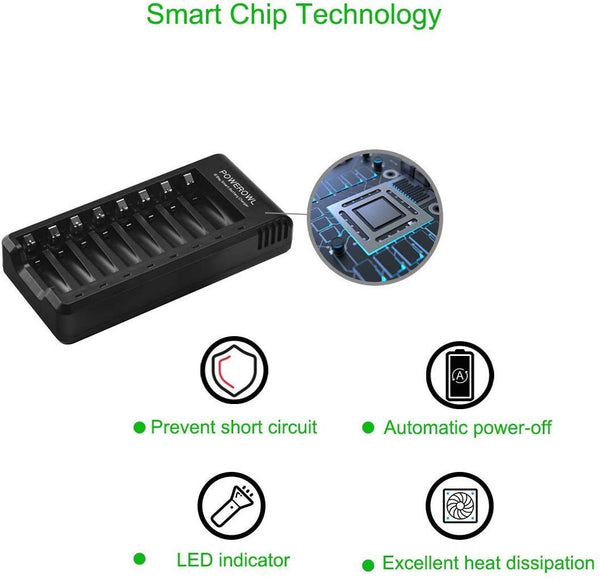 POWEROWL 8 Pcs 2800mAh AA Rechargeable Batteries with 8 Slot Battery Charger, USB Fast Charging, Input DC 5V 2A, Output 1.4V 250mA, Independent Slot