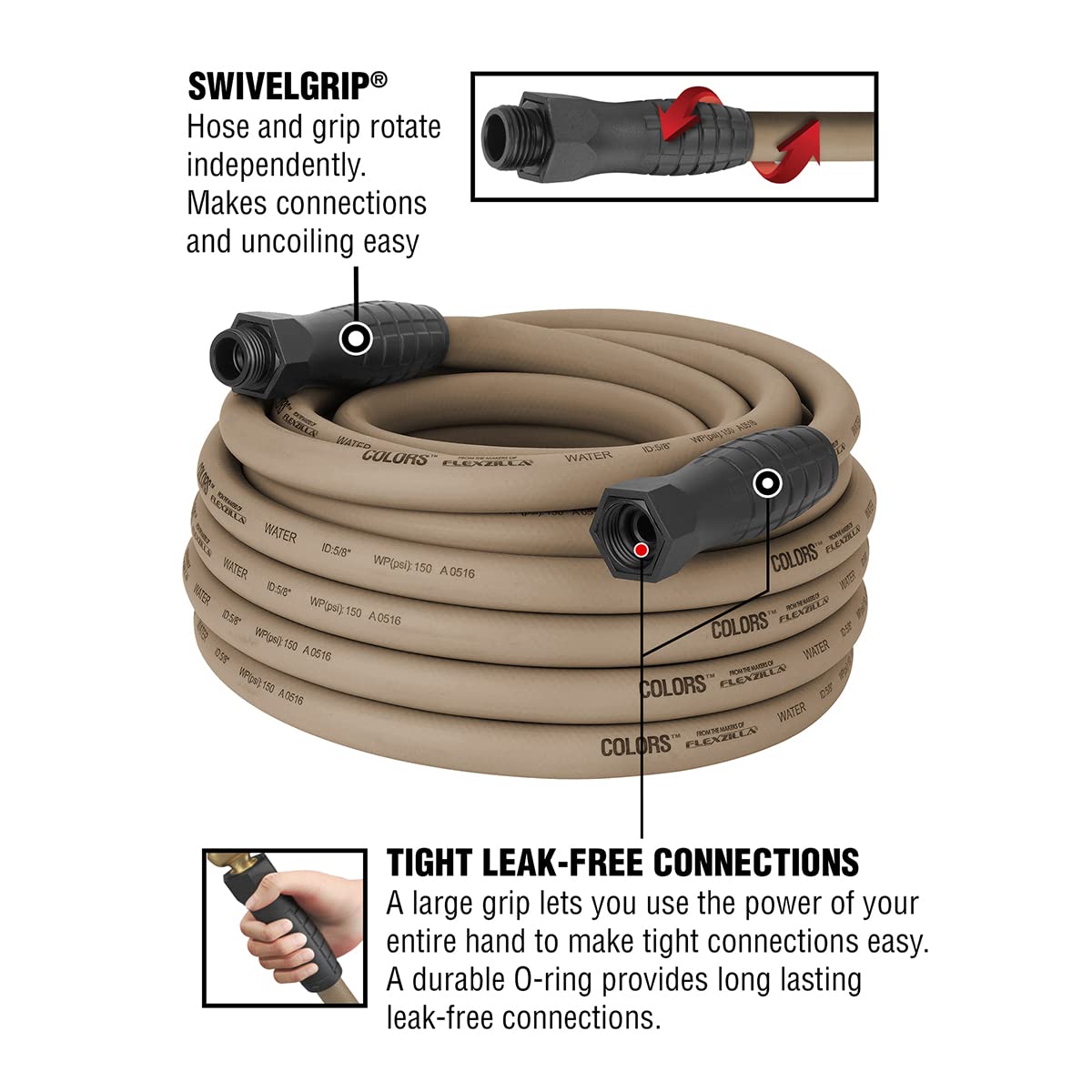 Flexzilla Colors Garden Hose with SwivelGrip, 5/8 in. x 50 ft., Drinking Water Safe, Brown Mulch - HFZC550BRS