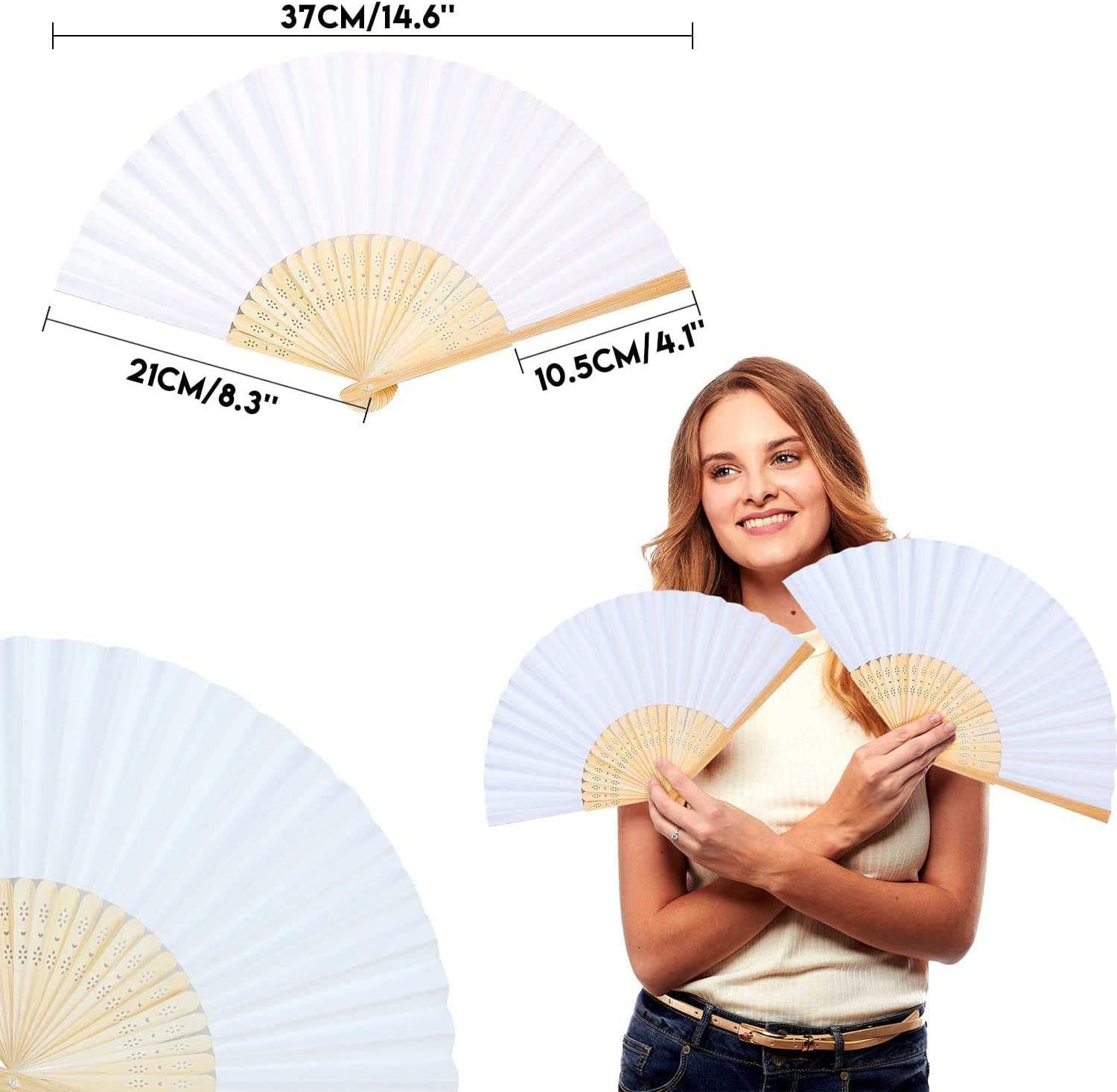 iZoeL Wedding Fan 60, Folding Hand Held Fan Bamboo Paper for Church Wedding Gift, Wall Decoration, Party Favor, DIY Wall, Vintage Fan (White) Organza