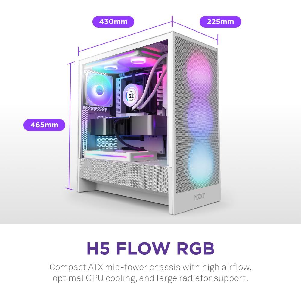 NZXT H5 Flow RGB - Compact ATX Mid-Tower PC Gaming Case - High Airflow - F360 RGB Core (CV) Included - 360mm Front & 240mm Top Radiator Support - Cable Management - Tempered Glass - White