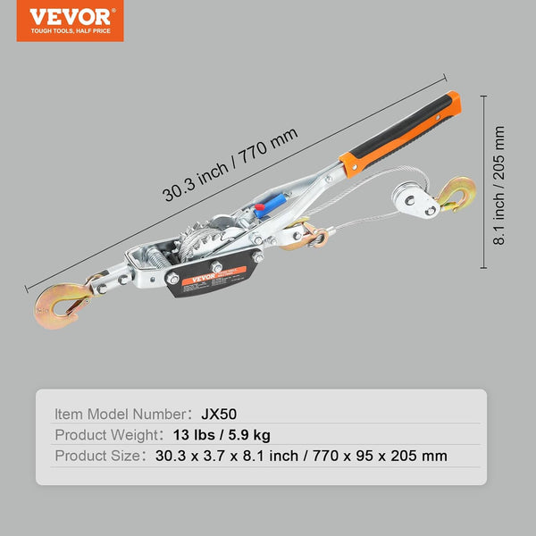 VEVOR Come Along Winch, 5 Ton (11,023 lbs) Pulling Capacity, 11.5 ft Steel Cable, 3 Hooks, Heavy Duty Ratchet Power Puller Tool with Dual Gears, Automotive Hoist Cable Puller Ideal for Vehicle Rescue