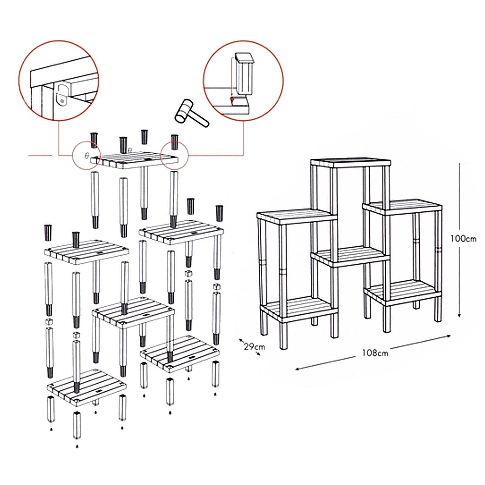 TATAY Lombok Modular Shelf, 6 Shelves, Polypropylene, BPA Free, Wood effect, Non-Slip Bumpers, Max 10KG by Shelf, Easy Assembly, Brown.