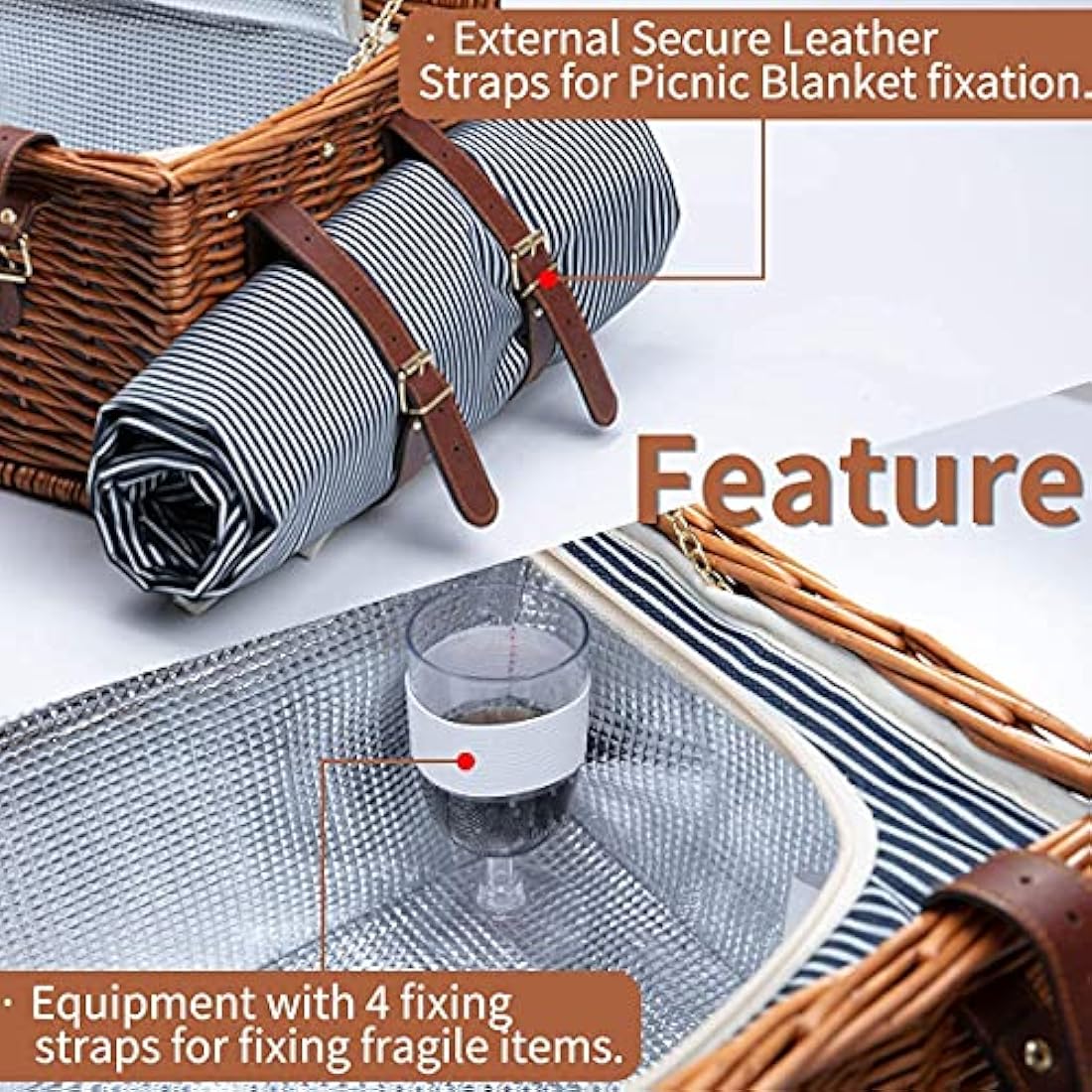 Picnic Basket for 4 Wicker Picnic Set with Large Insulated Cooler Compartment & Waterproof Blanket & Cutlery Service Kit Retro Classic Willow Picnic Hamper Set for Camping Outdoor Party