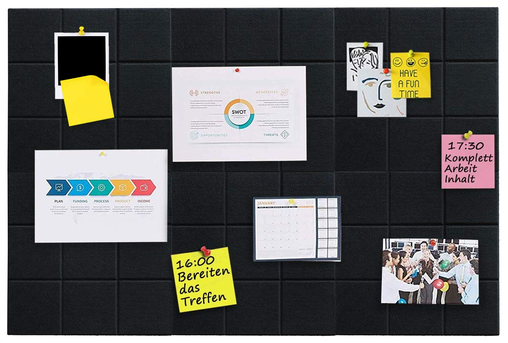 Uoisaiko Large 30x30cm Felt Board Tiles with 30 Pins, Pack of 6 Bulletin Board Notice Boards for Home Office Kitchen, Self Adhesive Pin Board Wall Tiles for Photos Memos