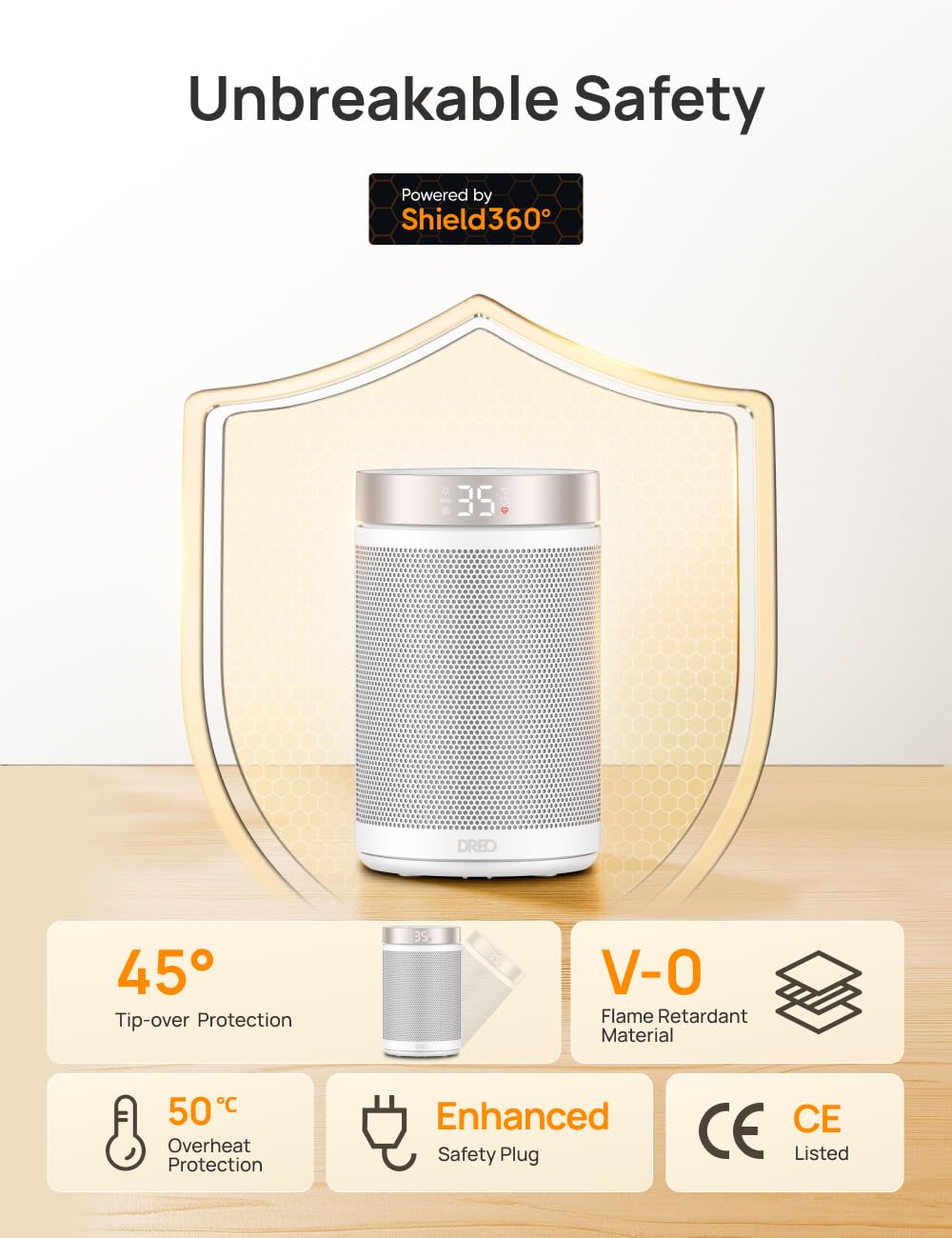 Dreo Electric Heater, 1500W Energy Efficient Space Silent Room Heater, Portable Ceramic Fan Heaters, Thermostat 3 Modes 12H Timer, Overheat & Tip Over Protection, for Bedroom, Atom 316, Gold