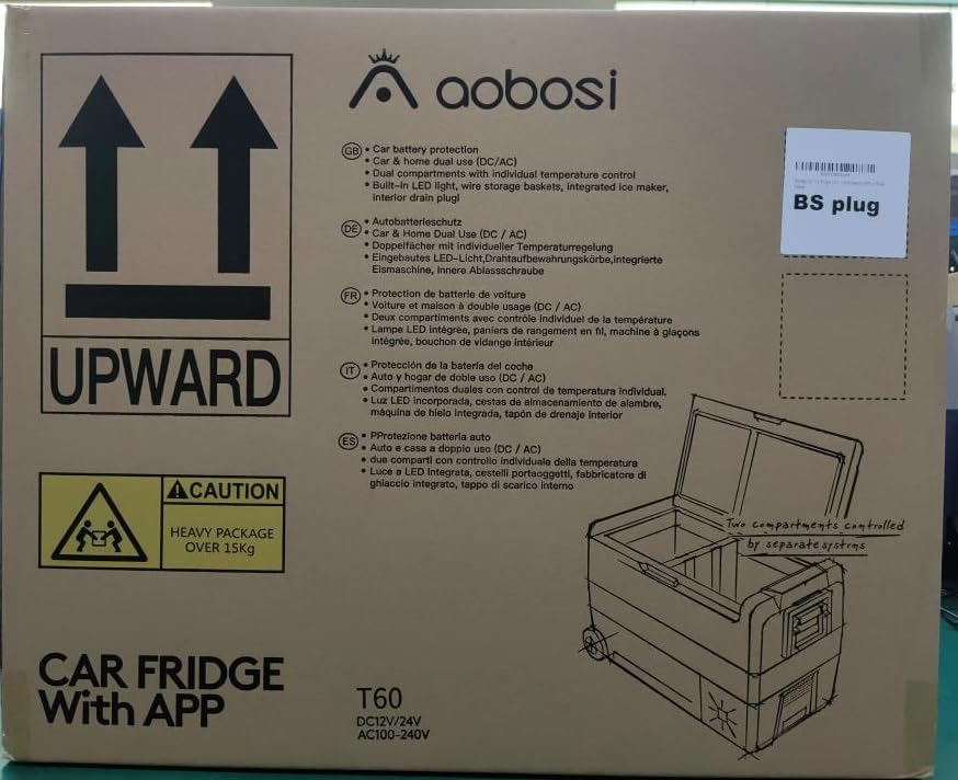 AAOBOSI 50L Compressor Car Fridge Freezer, Portable Camping Fridge with APP Control for 12/24V DC & 100-240V AC, Electric Cooler for Truck Campervan RV Boat, -20℃ to 20℃