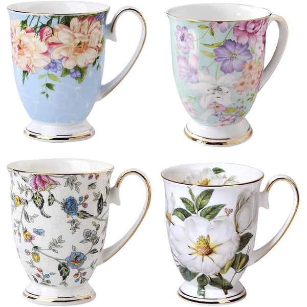 4 Piece Porcelain Mug Set - Bone China Floral Coffee Tea Water Cup - Tea Coffee Cappuccino Home Kitchen Office Gift Mug Set - 11 oz/312 ml