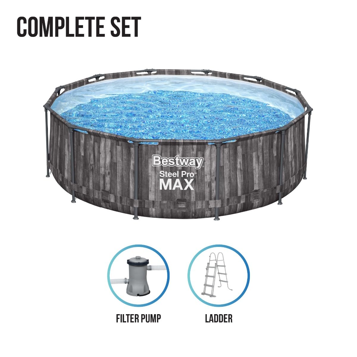 Bestway, Steel Pro Pool Max Swimming Pool, Above Ground Swimming Pool, Metal Frame Pool, 12ft