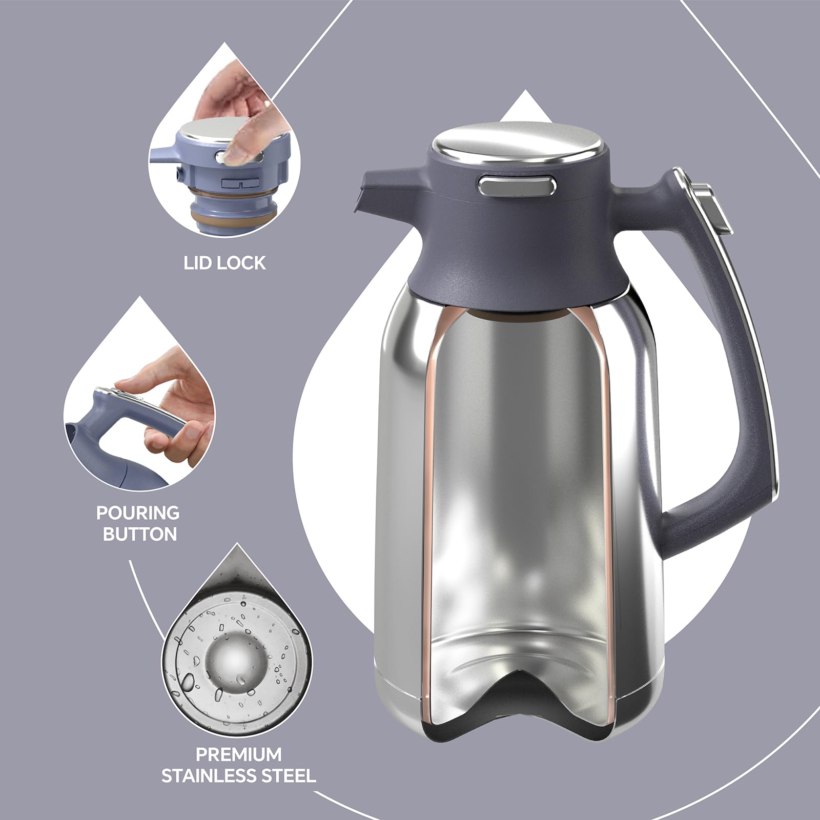 IDEUS Vacuum Insulated Coffee Carafe, 68 oz (2 Liters) Stainless Steel Milk Jug Thermal Tea Pot Hot & Cold Water Beverage Dispenser (Silver)