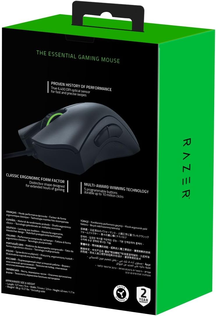 Razer DeathAdder Essential (2021) - Wired Gaming Mouse (Optical Sensor, 6400 DPI, 5 Programmable Buttons, Ergonomic Form Factor) Black