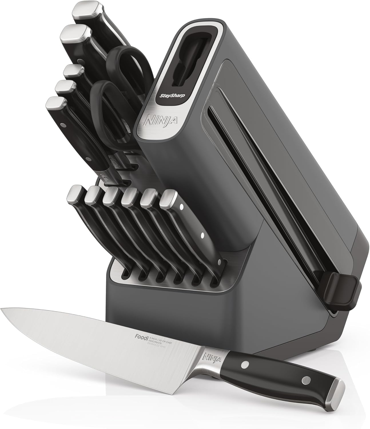 Ninja Foodi StaySharp Knife Block with Integrated Sharpener, 5-Piece Knife Set includes Chef, Bread, Slicing, Utility, Paring Knives, Stainless Steel K32005UK, Black