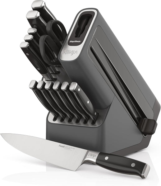 Ninja Foodi StaySharp Knife Block with Integrated Sharpener, 5-Piece Knife Set includes Chef, Bread, Slicing, Utility, Paring Knives, Stainless Steel K32005UK, Black