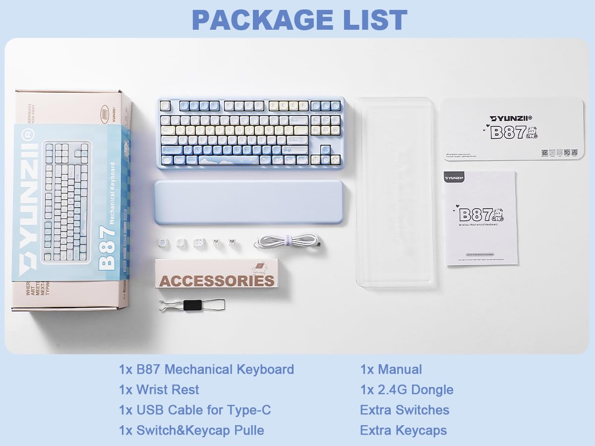 YUNZII B87 Wireless Mechanical Keyboard,QMK/VIA Software Custom Gaming,Gasket RGB Keyboard with Cute MOA Keycaps,Wrist Rest,BT5.0/2.4G/USB-C NKRO for Win/Mac (butter, milk v2 linear)