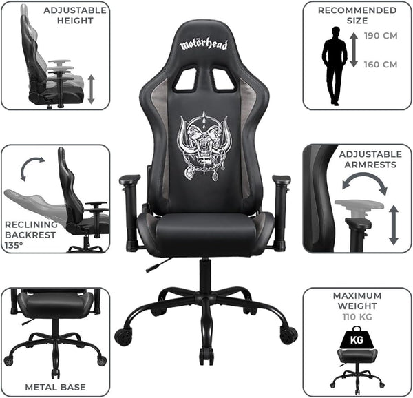 Subsonic Motorhead Gaming chair or office chair, gamer chair for adults, comfortable seat, integrated headrest, adjustable armrests and height, ergonomic backrest Black