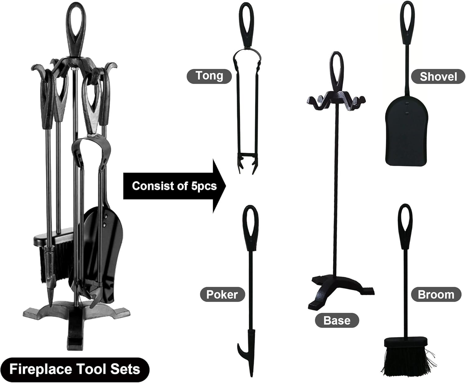 Neo Black Fireplace Fireside Set Fire Tool Accessories Storage Rack with 5 Piece Set Including Stand