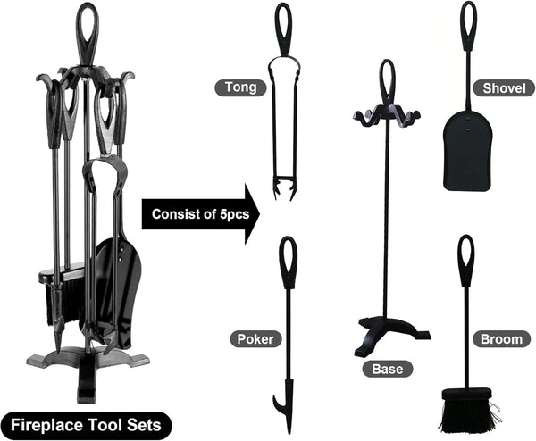 Neo Black Fireplace Fireside Set Fire Tool Accessories Storage Rack with 5 Piece Set Including Stand