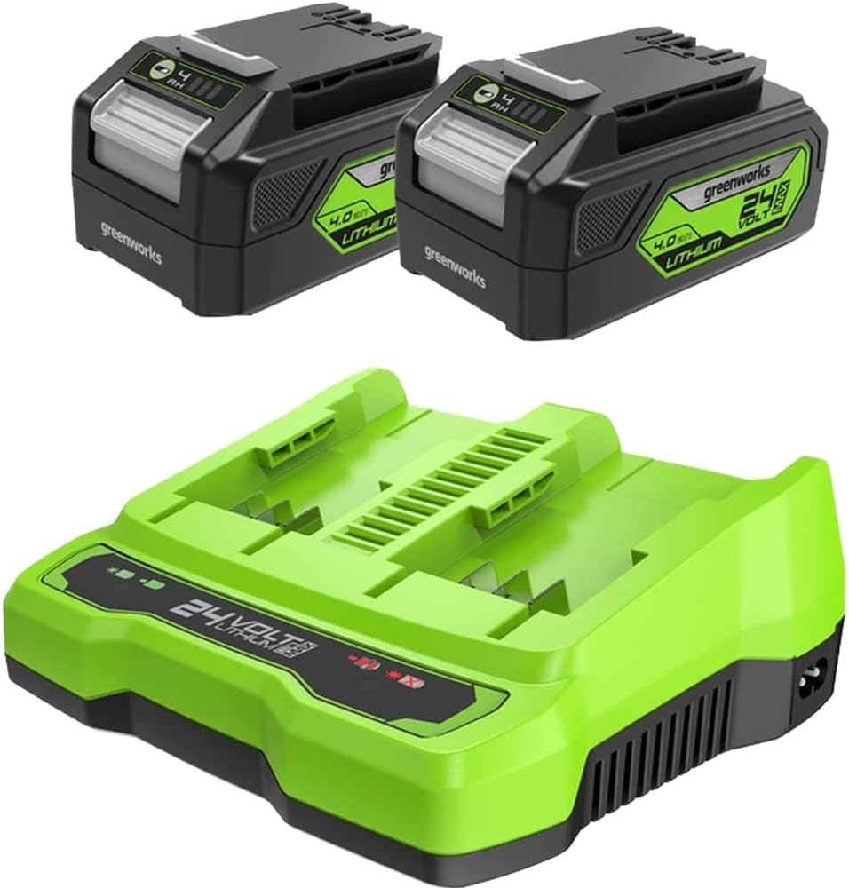 Greenworks 24V Batteries & Dual Slot Charger. Two of 4Ah Battery, Original Greenworks Rechargeable Battery for All 24V Devices. 48W Output 4A Voltage Charges in 60Mins. Battery G24B4 & Charger G24X2C