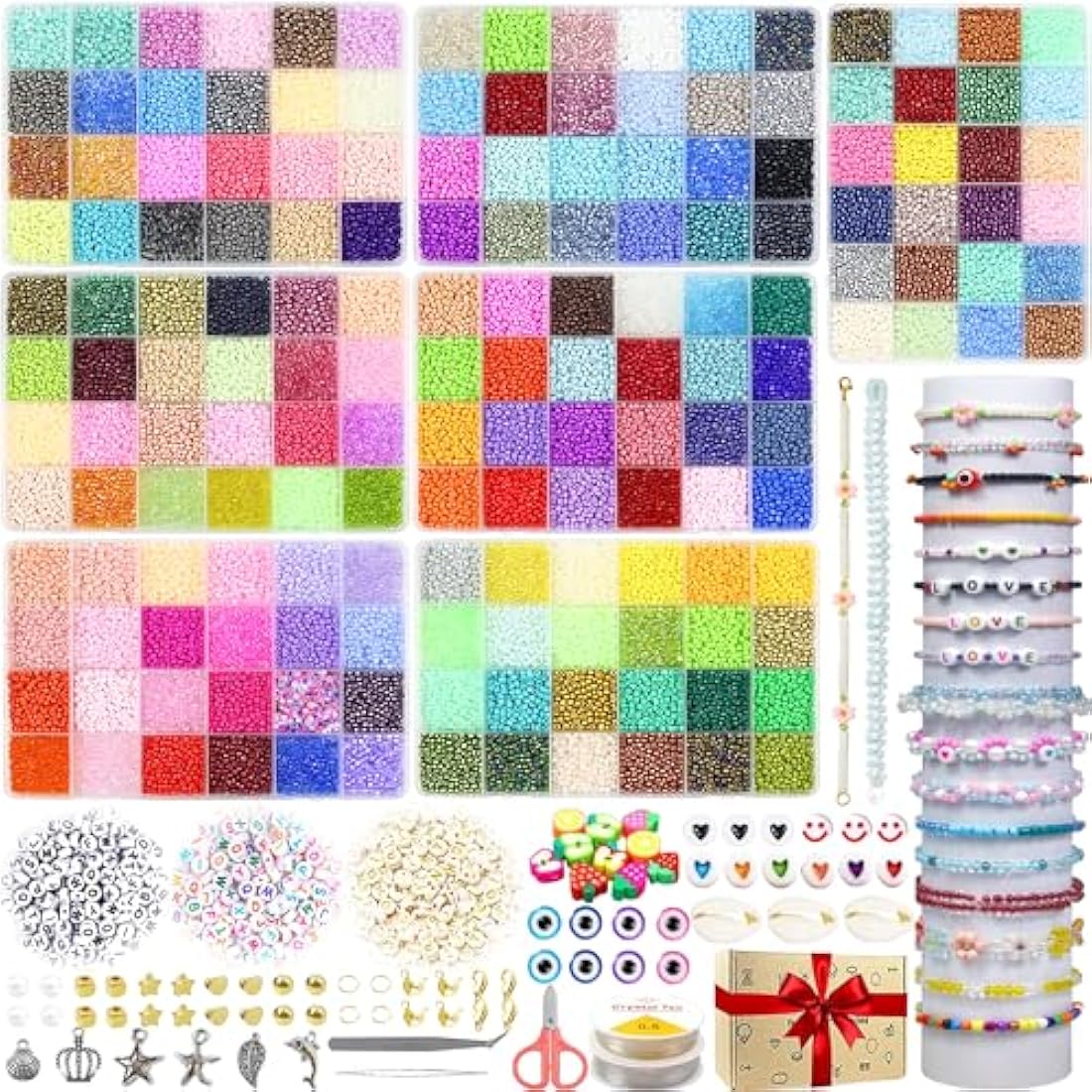 47000pcs 3mm Glass Seed Beads for Jewelry Making, 168 Colors Small Beads for Bracelet Making Kit, Glass Beads for Bracelet with Alphabet Beads Evil Eye Beads＆String, Beads Kit for DIY Art Crafts Gifts