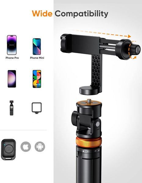 Newest 62" Phone Tripod - Tripod for iPhone & Selfie Stick with Remote, Extendable Phone Tripod stand for Filming,Travel, Solidest Smartphone Stick Compatible with iPhone and Android