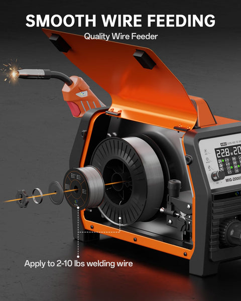 HITBOX MIG Welder 240V, 200Amp 7 in 1 Gas MIG/Gasless MIG/Stick/Lift TIG/Spot Welding/Spool Gun Aluminum Welder Machine, Multi Process Synergy Welding Machine with LED Display Pre/Post Gas(MIG200III)
