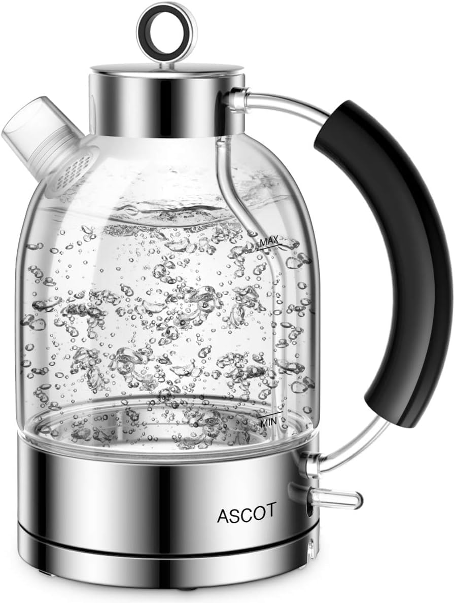 ASCOT Electric Kettle, Glass Electric Tea Kettle, Gift for Man/Women/Family, 1.5L Borosilicate Glass Tea Heater & Hot Water Boiler, Auto Shut-Off