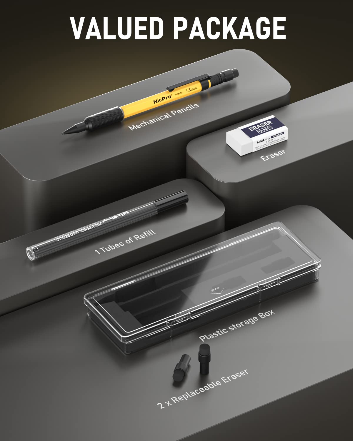 Nipro 3 PCS 1.3 mm Mechanical Pencil with Lead Refill, 3 Eraser - Weatherproof Metal Barrel, Heavy Duty Carpenter Pencil for Outdoor Marking Drafting Drawing Sketching Woodworking - with Case