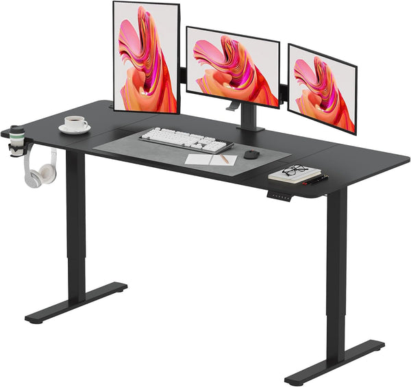 SANODESK QS1+140 * 60 Electric Standing Desk Height Adjustable Standing Desk With Memory Smart Panel Sit Stand Table With Hooks and Cupholder for Home Office （Black Frame+ Black Desktop）