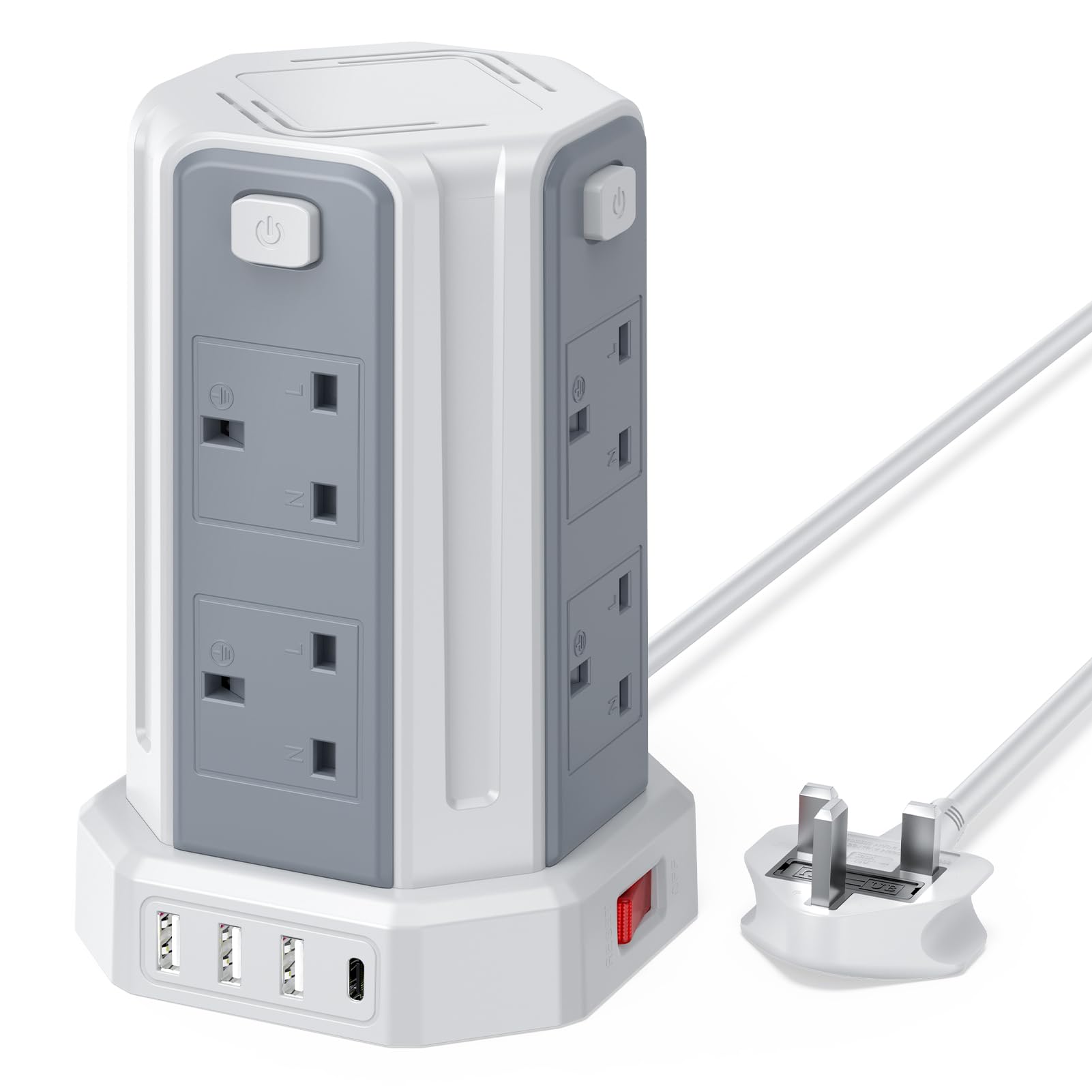 Tower Extension Lead, (3250W 13A) Extension Tower 8 AC Outlets & 4 USB Ports, Surge Protection Extension Lead with 4 Independent Switch, 17W USB C Ports Extension Cable 3M for Office, Home, Kitchen