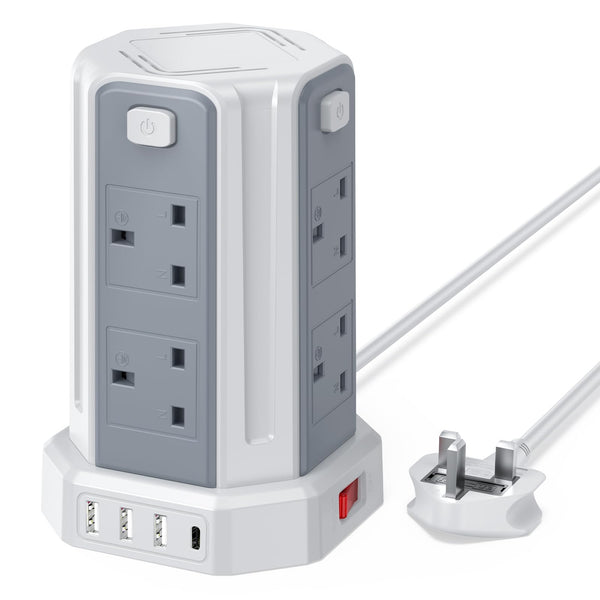 Tower Extension Lead, (3250W 13A) Extension Tower 8 AC Outlets & 4 USB Ports, Surge Protection Extension Lead with 4 Independent Switch, 17W USB C Ports Extension Cable 3M for Office, Home, Kitchen
