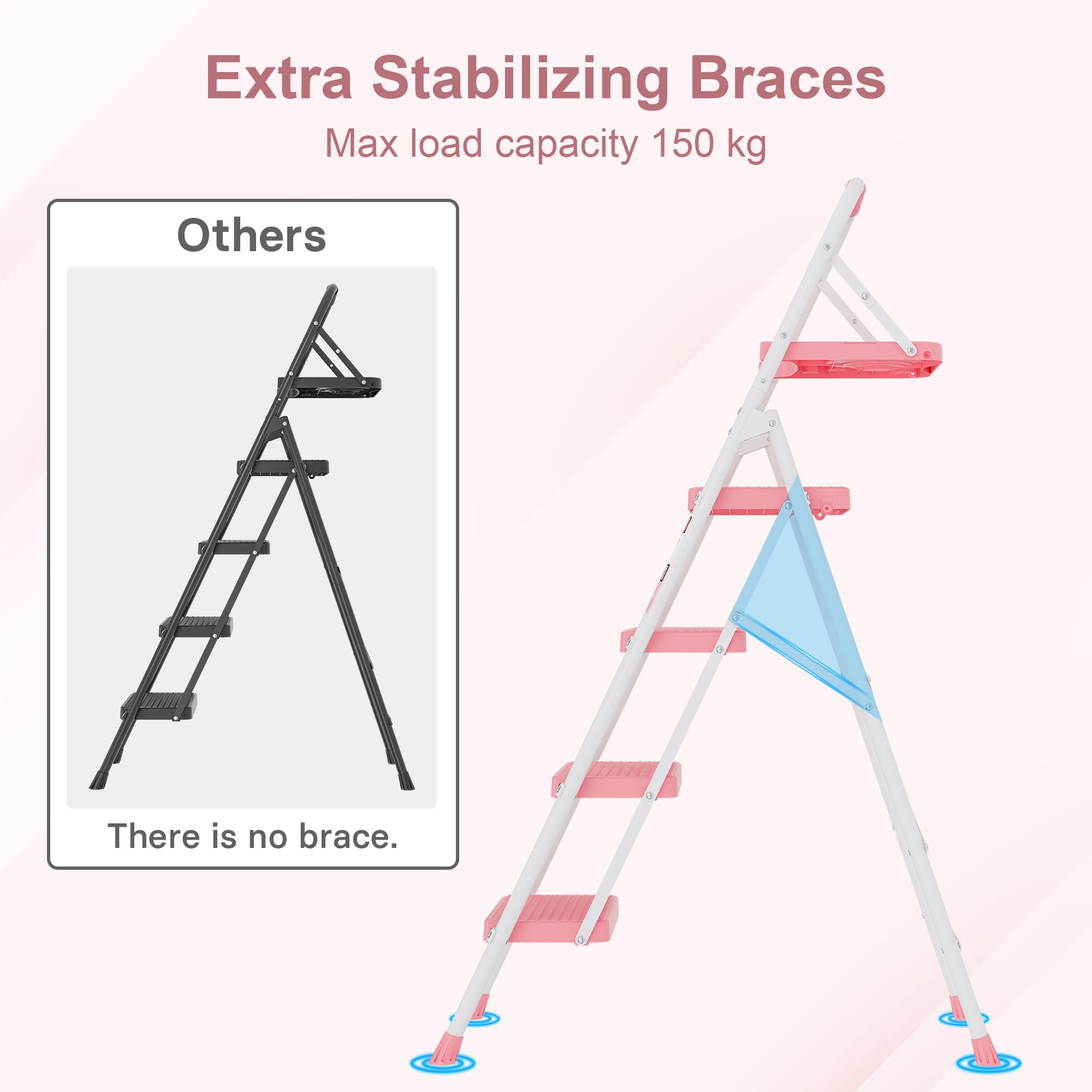 BONTEC 4 Step Ladder Folding, Heavy Duty Foldable Step Stool with Wide Anti-Slip Pedals, Sponge Handrail and Tool Tray, Portable Household Ladder 150kg Capacity, Compact Collapsible Indoor Ladder