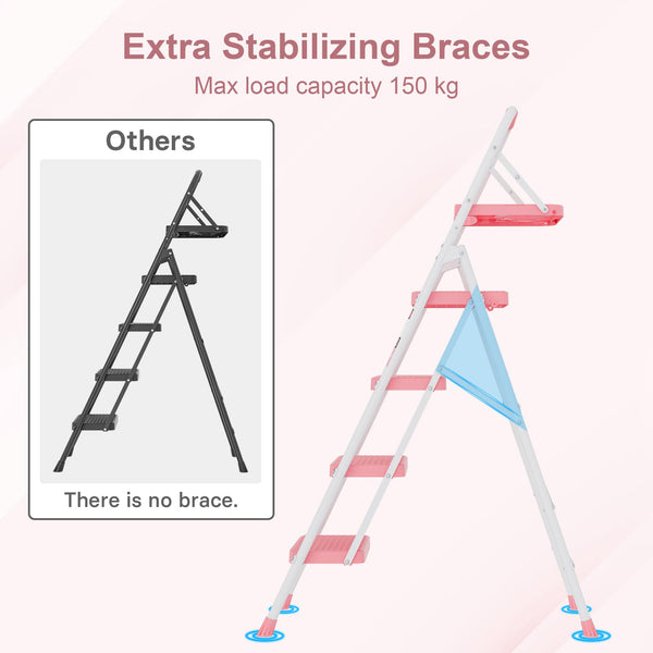 BONTEC 4 Step Ladder Folding, Heavy Duty Foldable Step Stool with Wide Anti-Slip Pedals, Sponge Handrail and Tool Tray, Portable Household Ladder 150kg Capacity, Compact Collapsible Indoor Ladder