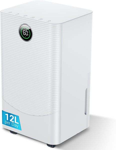 12L/Day Dehumidifier with Humidity Sensor & Display and 24-Hour Timer, 3 Dehumidification Modes, Suitable Bedrooms, Office, Basements, Continuous Draining, White