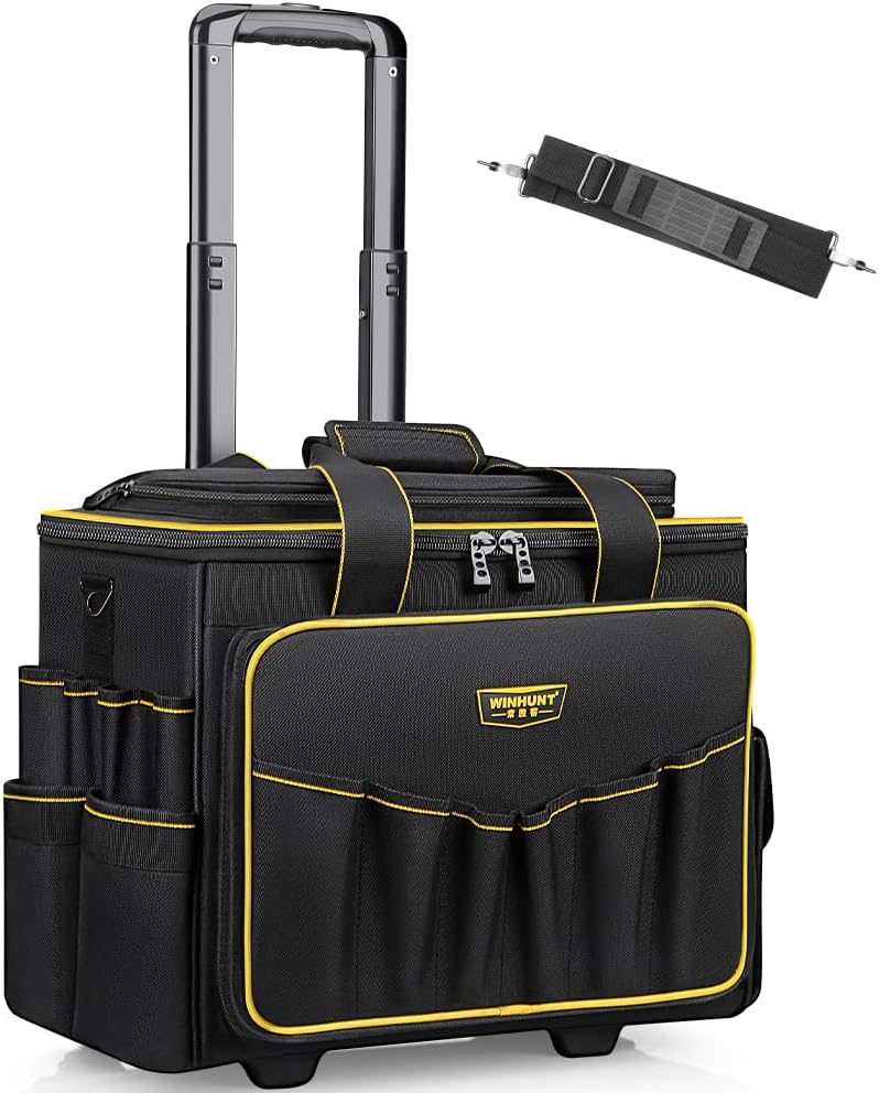 WINNHUNT 46cm Wide Mouth Rolling Tool Bag, 32 Pocket Tool Trolley Bag with Telescopic Handle and 2 Wheels, Black