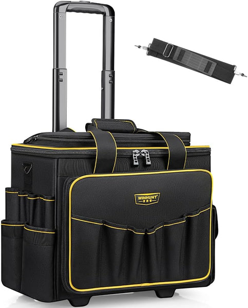 WINNHUNT 46cm Wide Mouth Rolling Tool Bag, 32 Pocket Tool Trolley Bag with Telescopic Handle and 2 Wheels, Black