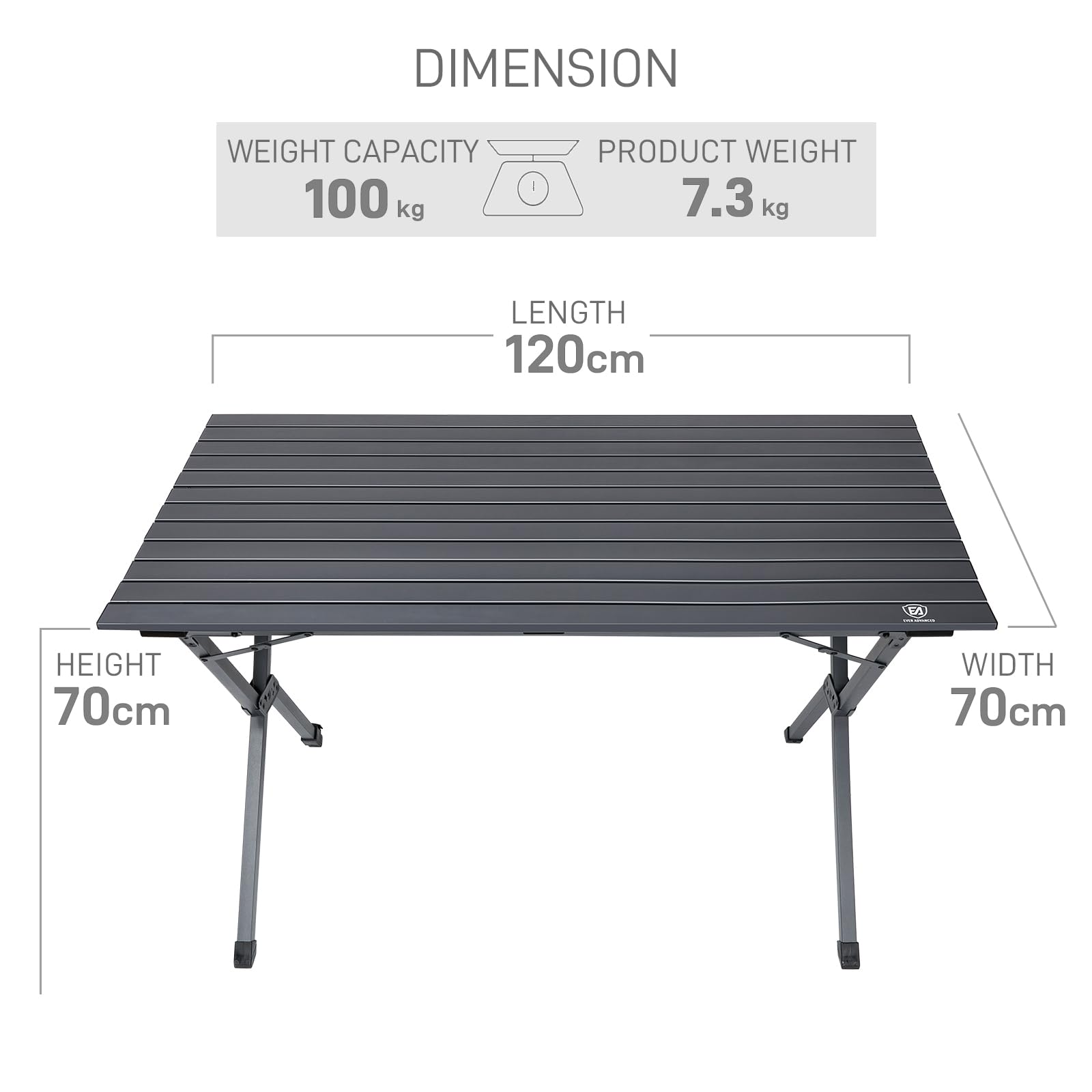 EVER ADVANCED 120X70CM Folding Camping Table with Slatted Top, Aluminium Roll Up Table Height Adjustable, Fold Up Table for 4-6 People, Folding Table