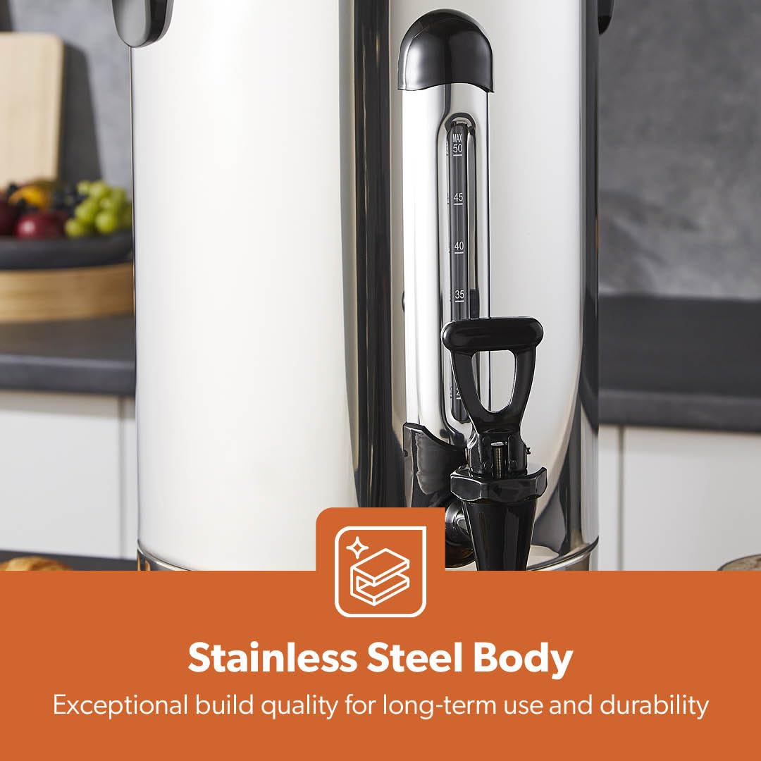 Geepas Electric Catering Urn, 1650W Instant Hot Water Boiler Dispenser - Tea Urn Kettle Home Brewing Commercial Office Use with Keep Warm - Easy Pour Tap, 15 Litre, Stainless Steel – 2 Year Warranty