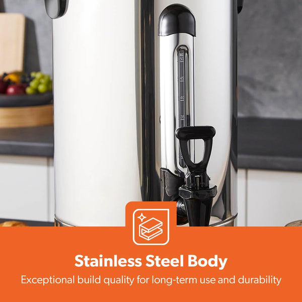 Geepas Electric Catering Urn, 1650W Instant Hot Water Boiler Dispenser - Tea Urn Kettle Home Brewing Commercial Office Use with Keep Warm - Easy Pour Tap, 15 Litre, Stainless Steel – 2 Year Warranty